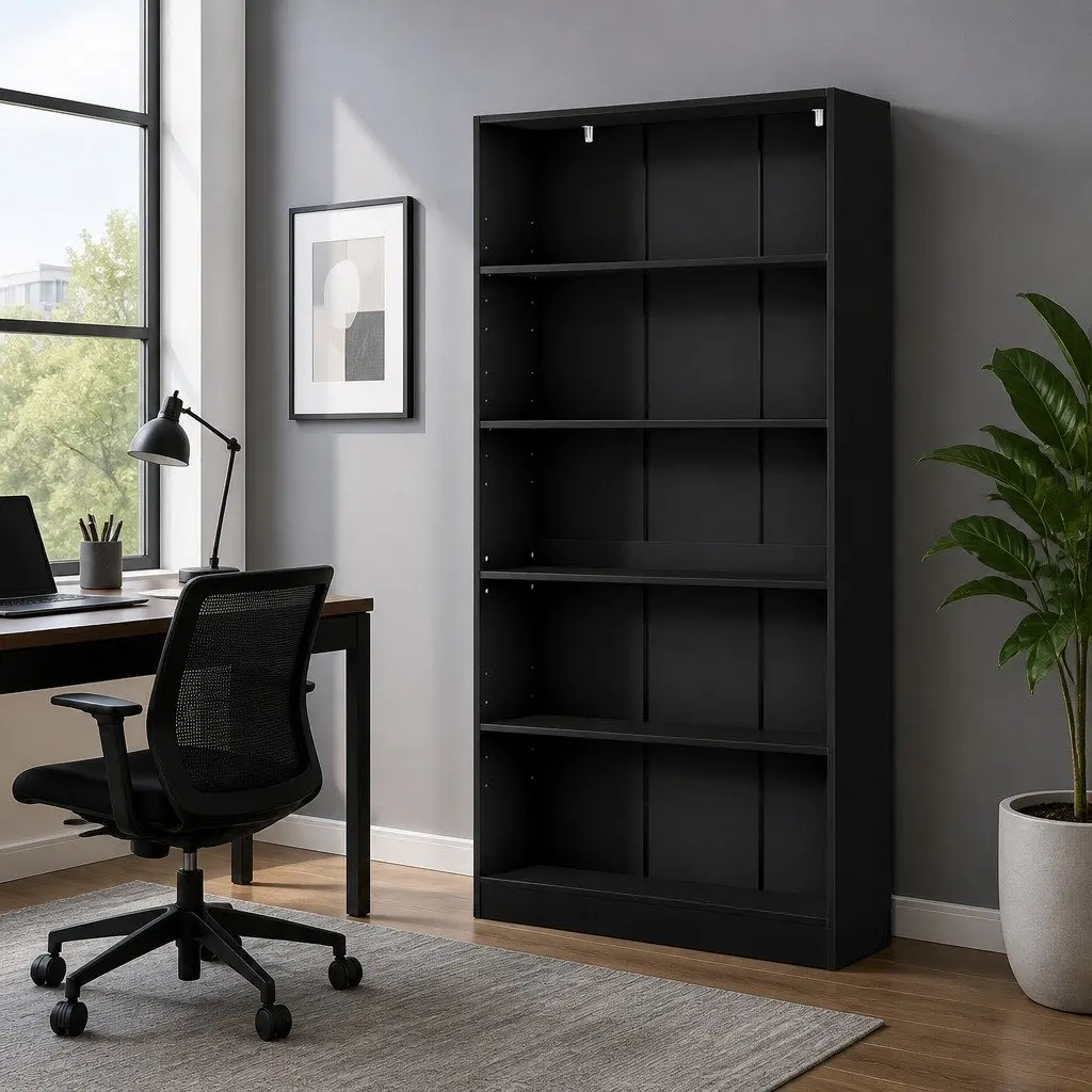 5-Tier Black Bookshelf for Living Room Organization