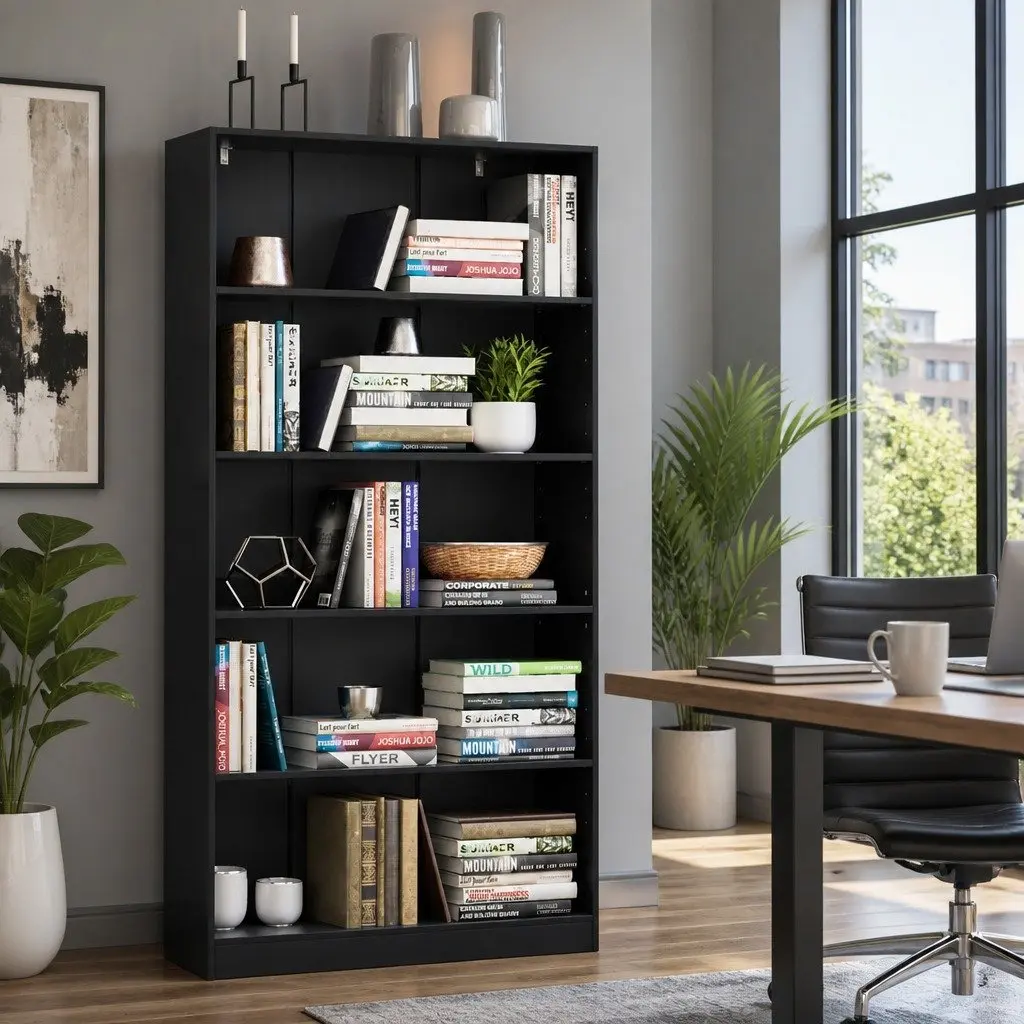 5-Tier Black Bookshelf for Living Room Organization