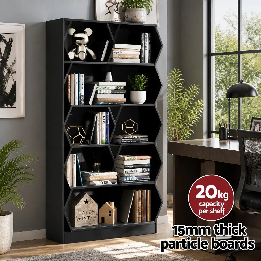 5-Tier Black Bookshelf for Living Room Organization