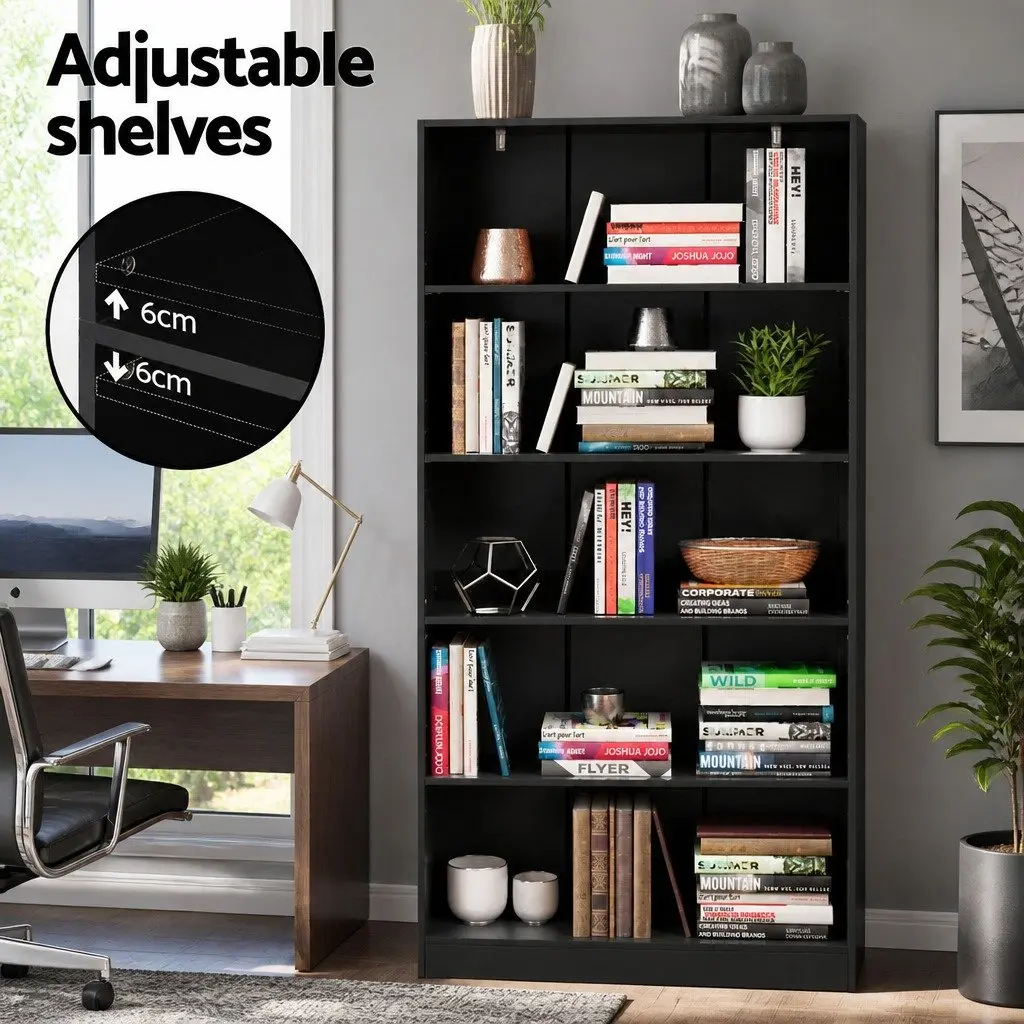 5-Tier Black Bookshelf for Living Room Organization