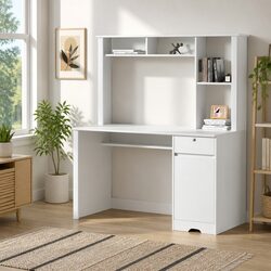 White Computer Desk with Storage Drawer and Bookshelf
