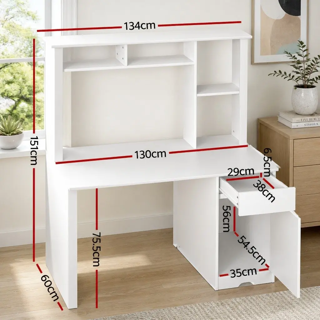 White Computer Desk with Storage Drawer and Bookshelf