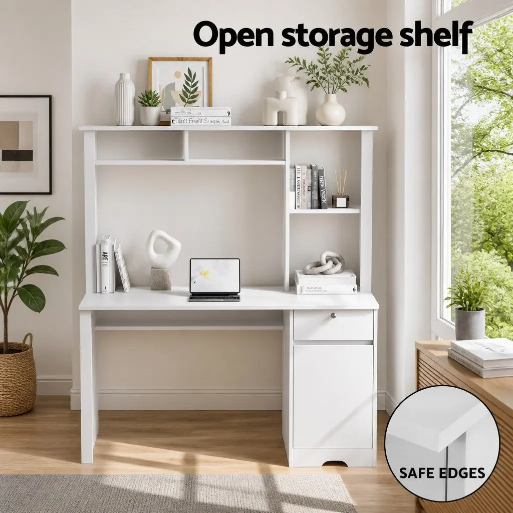 White Computer Desk with Storage Drawer and Bookshelf