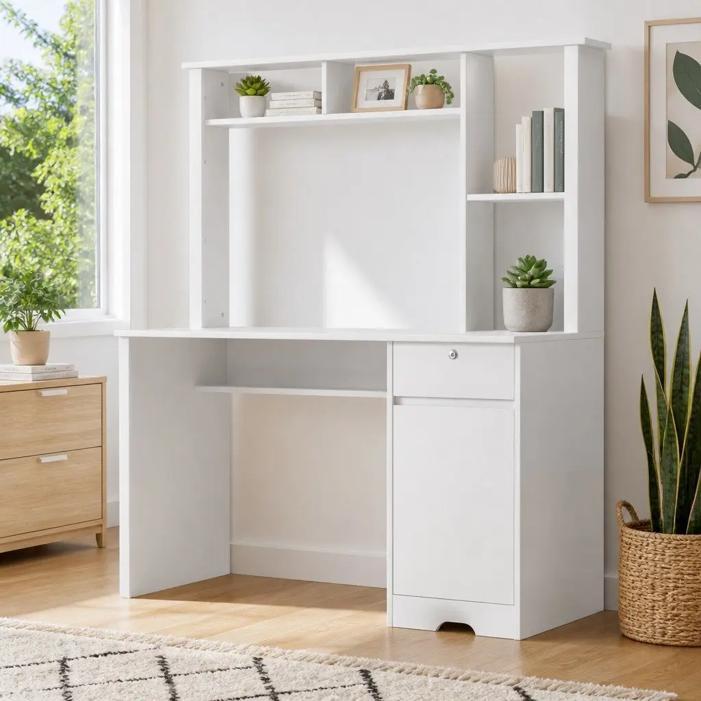 White Computer Desk with Storage Drawer and Bookshelf