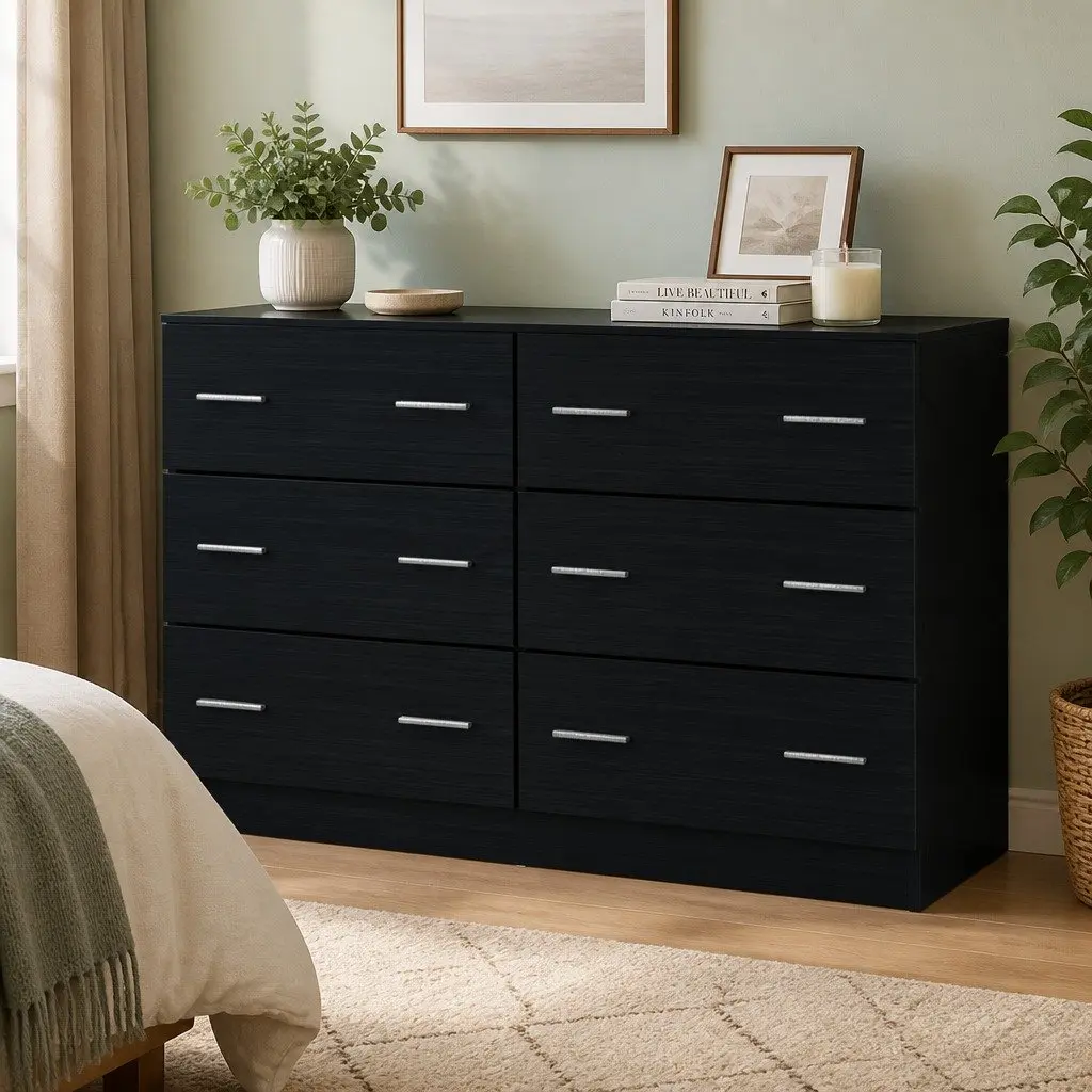 6 Drawer Chest in Black for Bedroom Storage