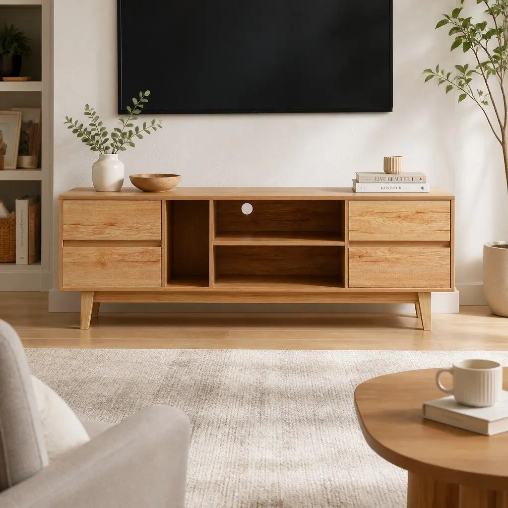 Natural Wood Entertainment Unit with Storage Drawers