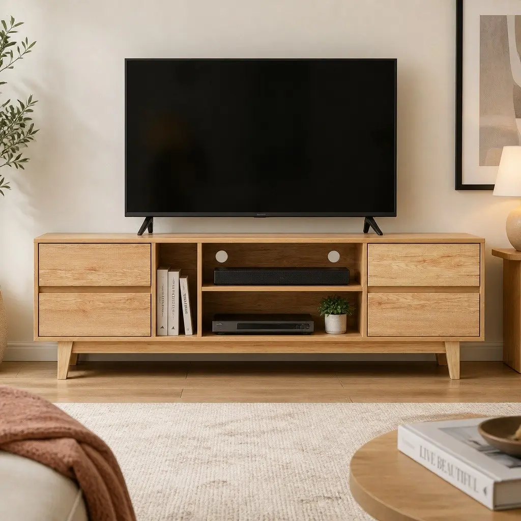 Natural Wood Entertainment Unit with Storage Drawers