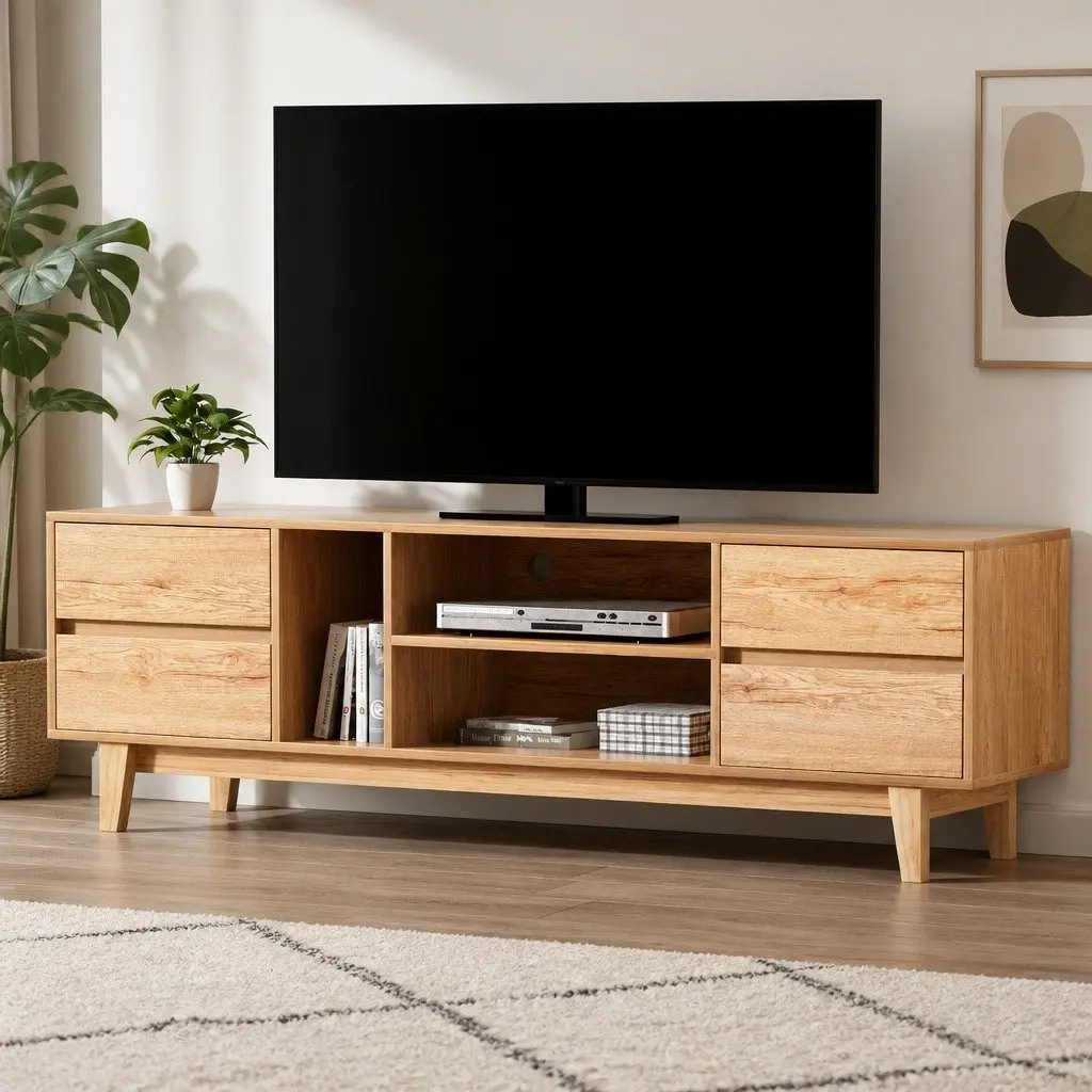 Natural Wood Entertainment Unit with Storage Drawers
