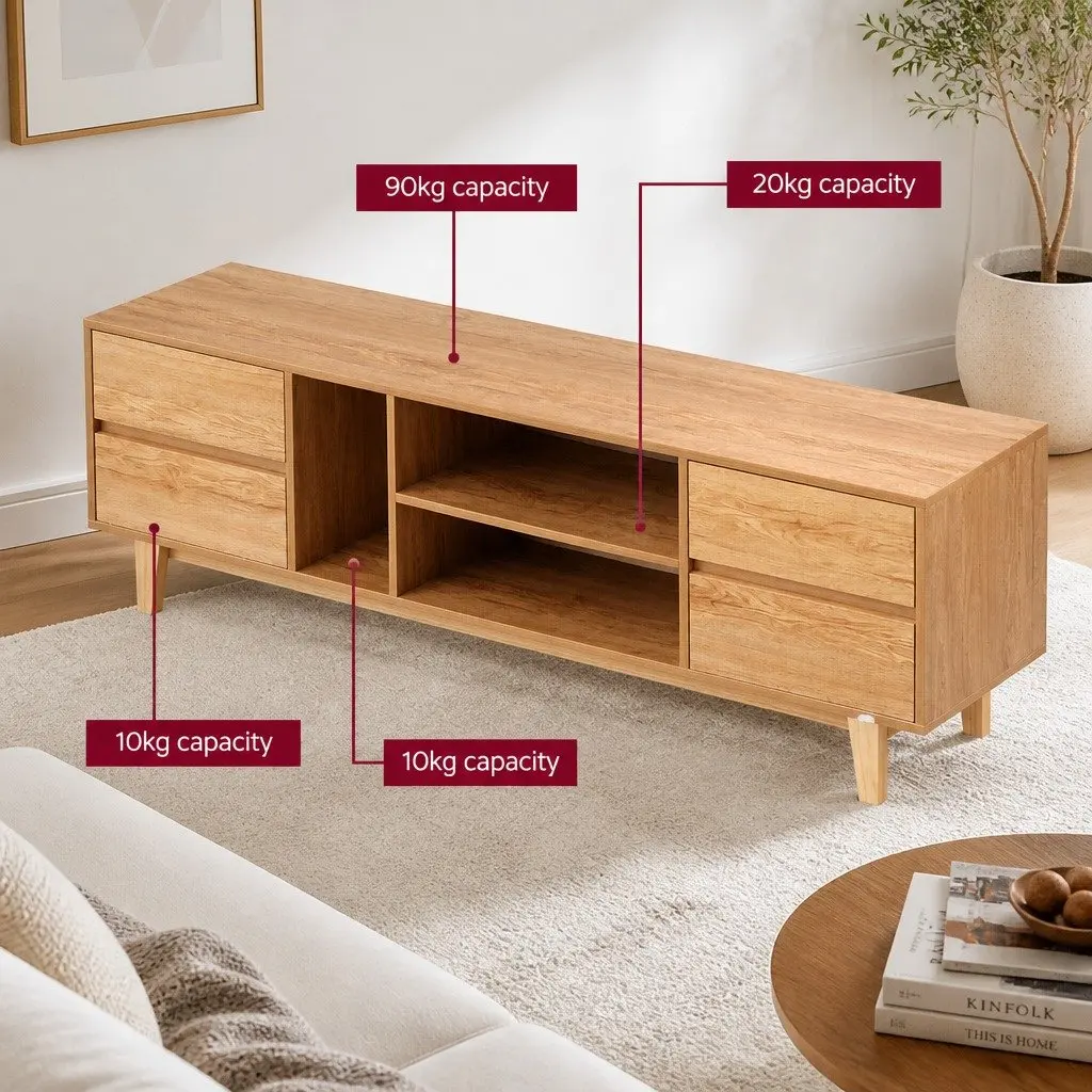 Natural Wood Entertainment Unit with Storage Drawers