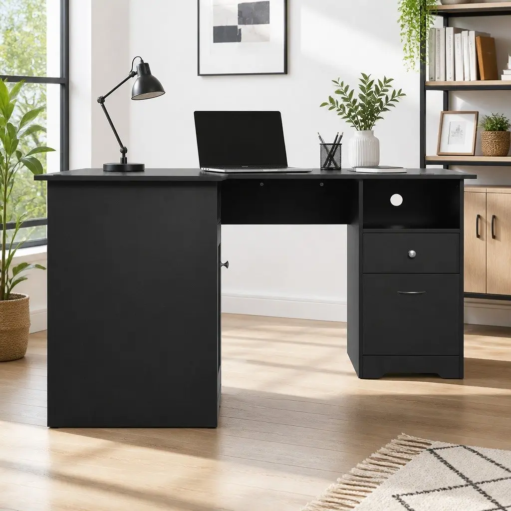L-Shaped Computer Desk with Storage for Home Office
