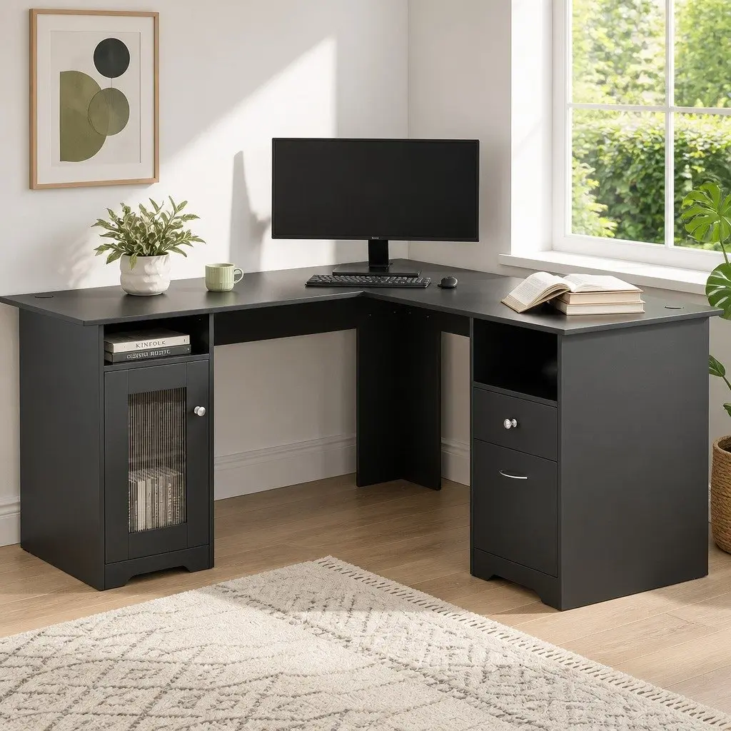 L-Shaped Computer Desk with Storage for Home Office