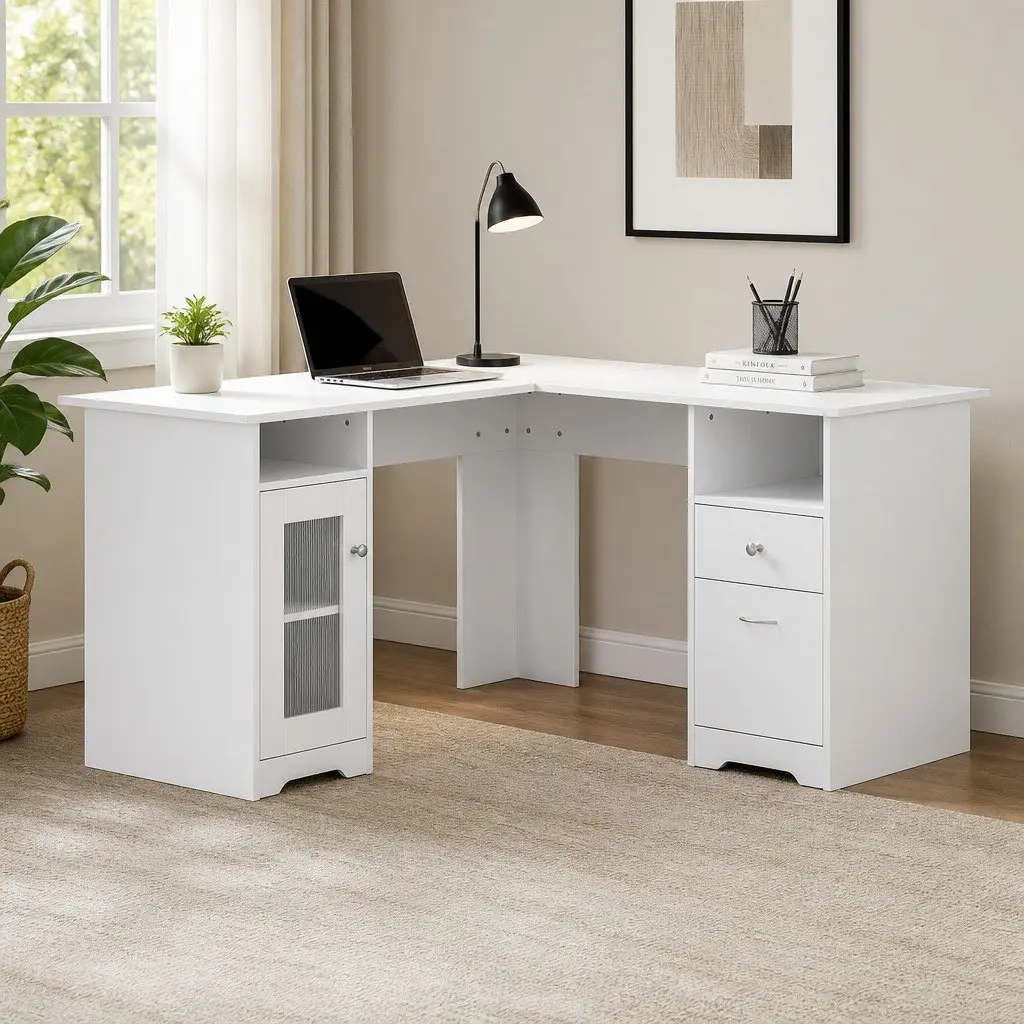L-Shape Computer Desk with Storage Cabinet Drawers Shelves Home Office