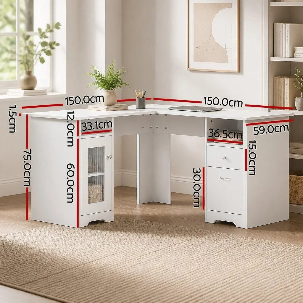 L-Shape Computer Desk with Storage Cabinet Drawers Shelves Home Office