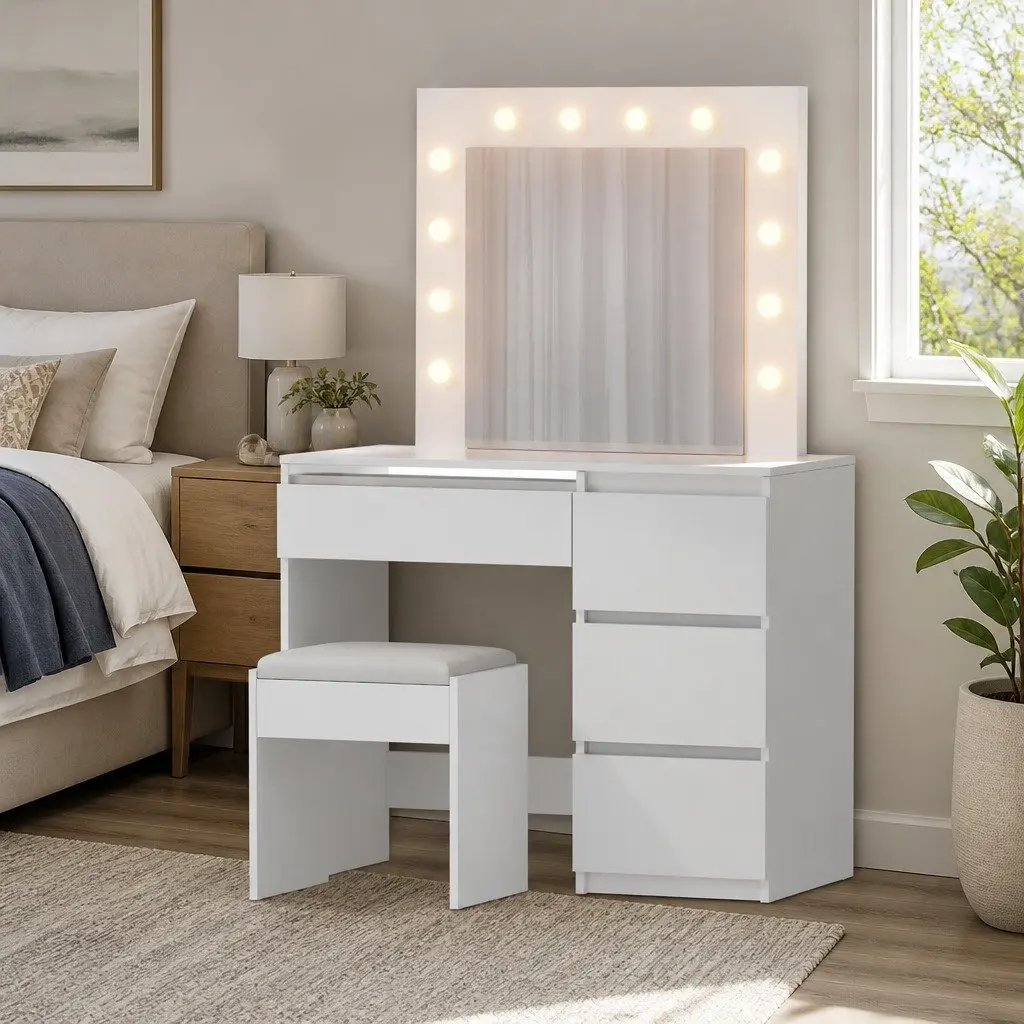 White LED Makeup Vanity with Mirror and Stool