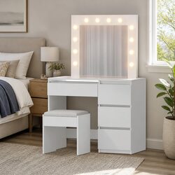 White LED Makeup Vanity with Mirror and Stool