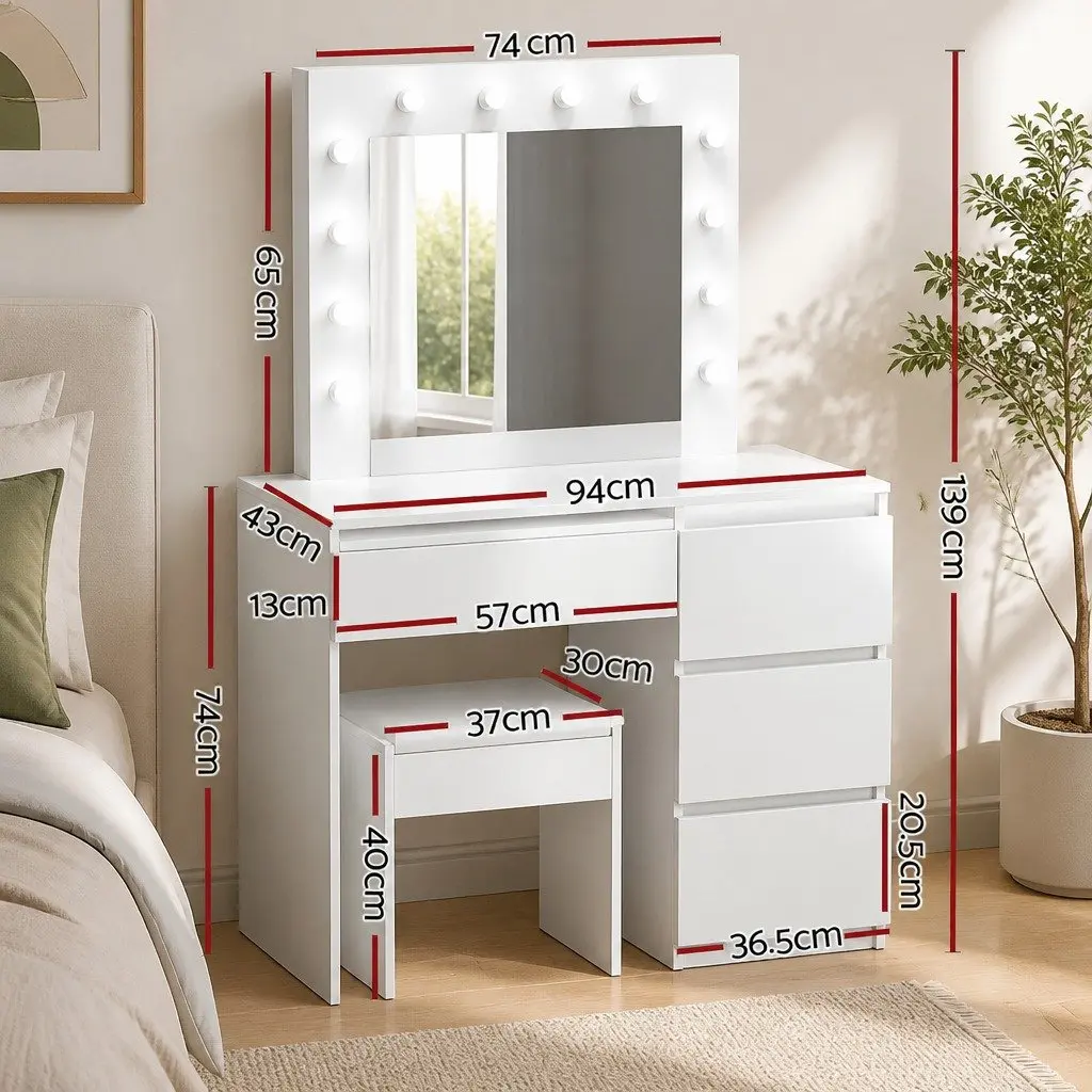 LED Dressing Table White with Mirror and Stool 4 Drawers 12 Bulbs