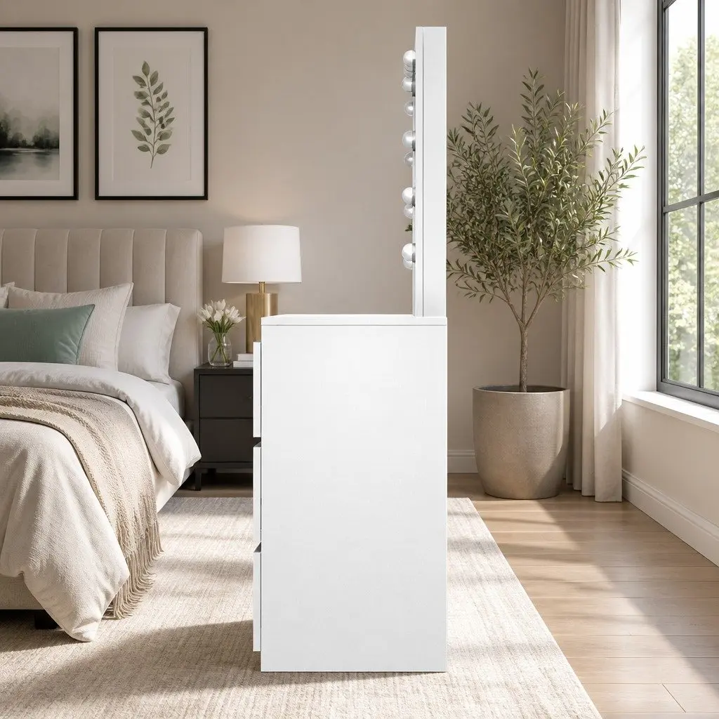 LED Dressing Table White with Mirror and Stool 4 Drawers 12 Bulbs