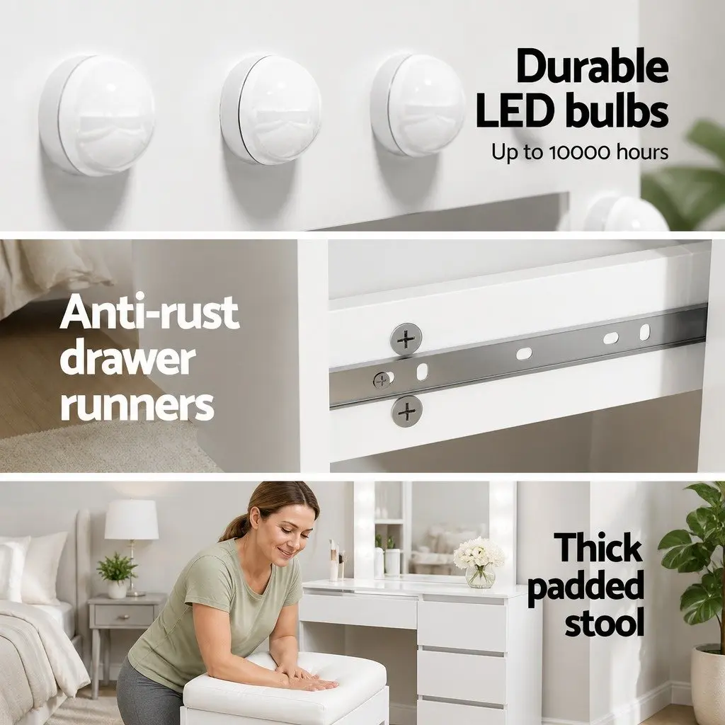 LED Dressing Table White with Mirror and Stool 4 Drawers 12 Bulbs