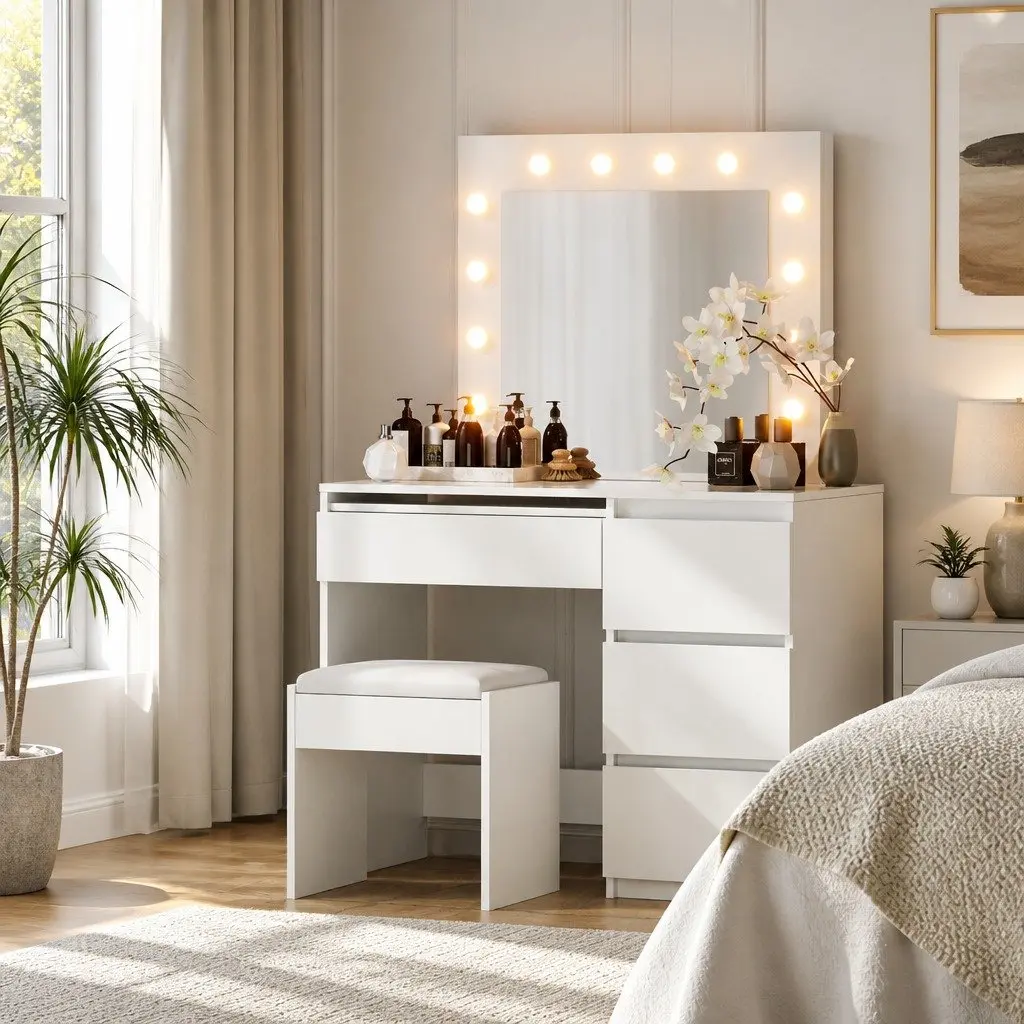 LED Dressing Table White with Mirror and Stool 4 Drawers 12 Bulbs