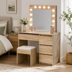 Wood Dressing Table Set with Stool and 12 LED Bulbs