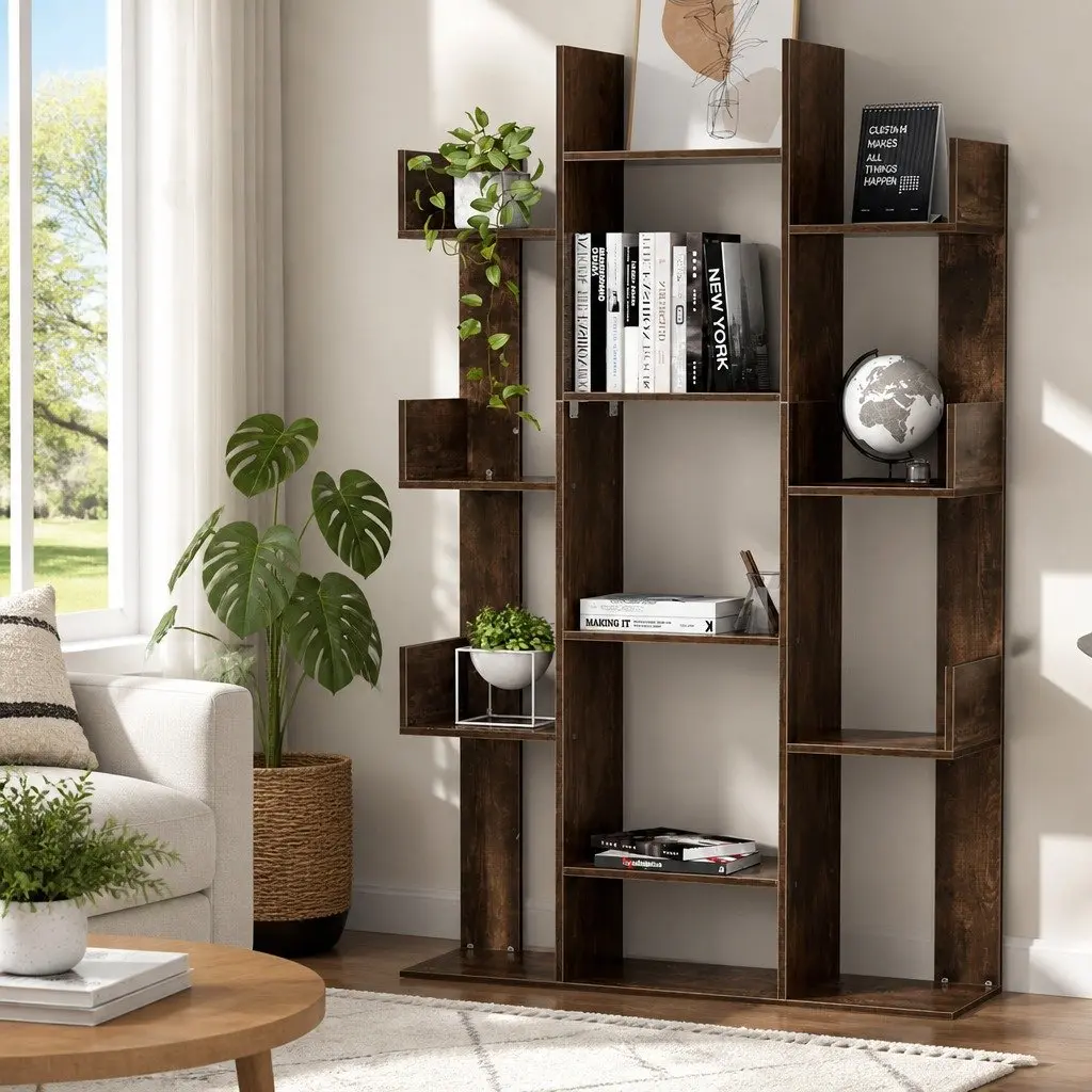 Tree-Shaped Bookshelf Walnut 13-Shelf Display Bookcase Storage Rack Home Office