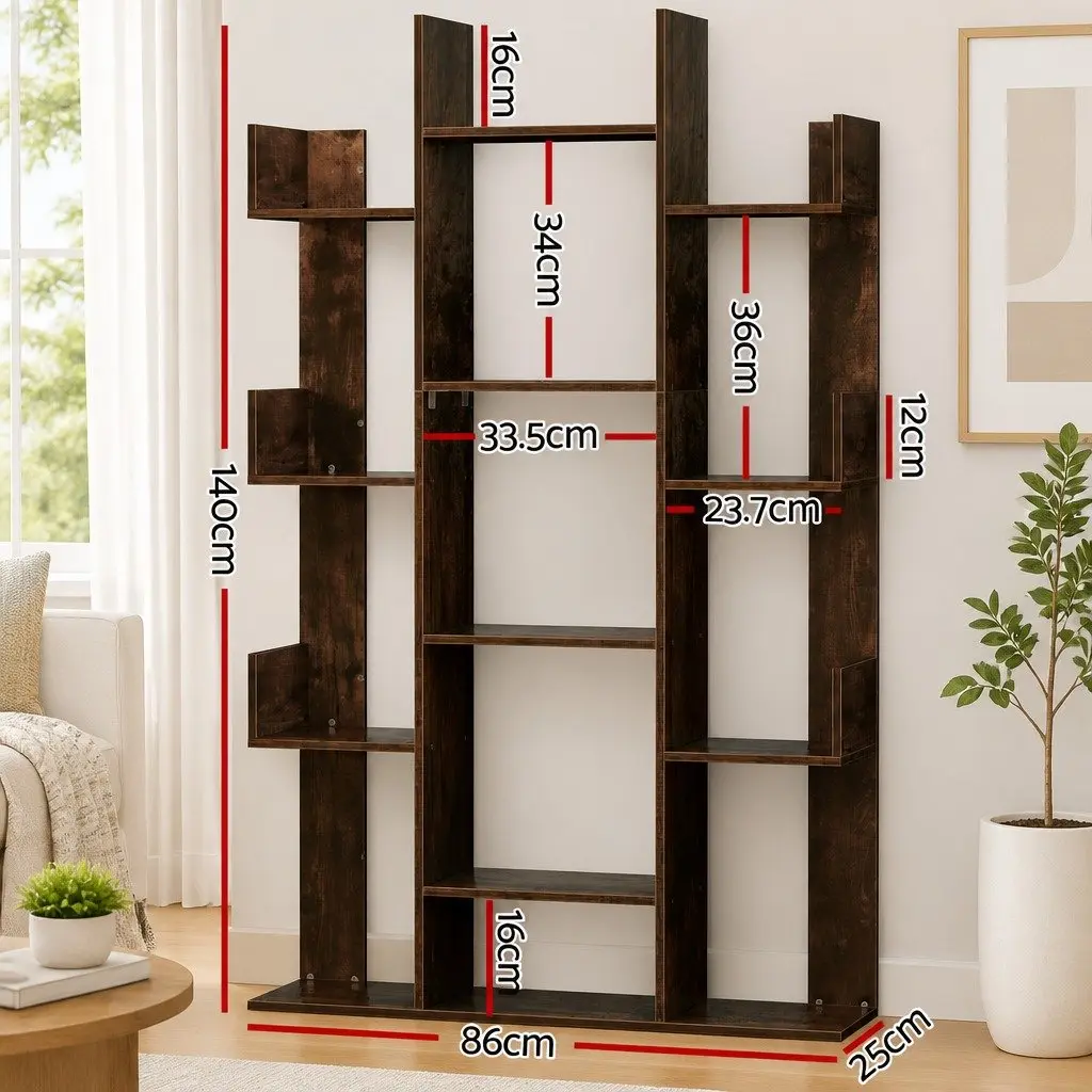 Tree-Shaped Bookshelf Walnut 13-Shelf Display Bookcase Storage Rack Home Office
