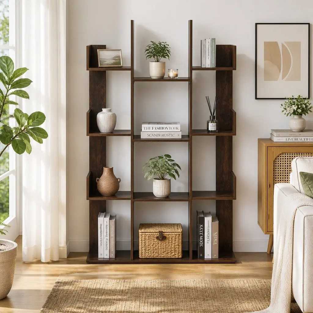Tree-Shaped Bookshelf Walnut 13-Shelf Display Bookcase Storage Rack Home Office