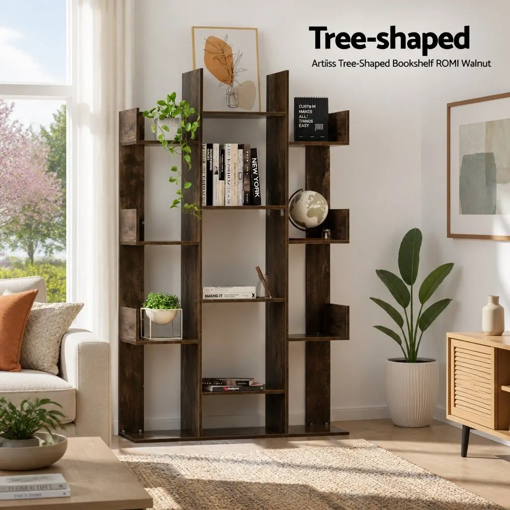 Tree-Shaped Bookshelf Walnut 13-Shelf Display Bookcase Storage Rack Home Office