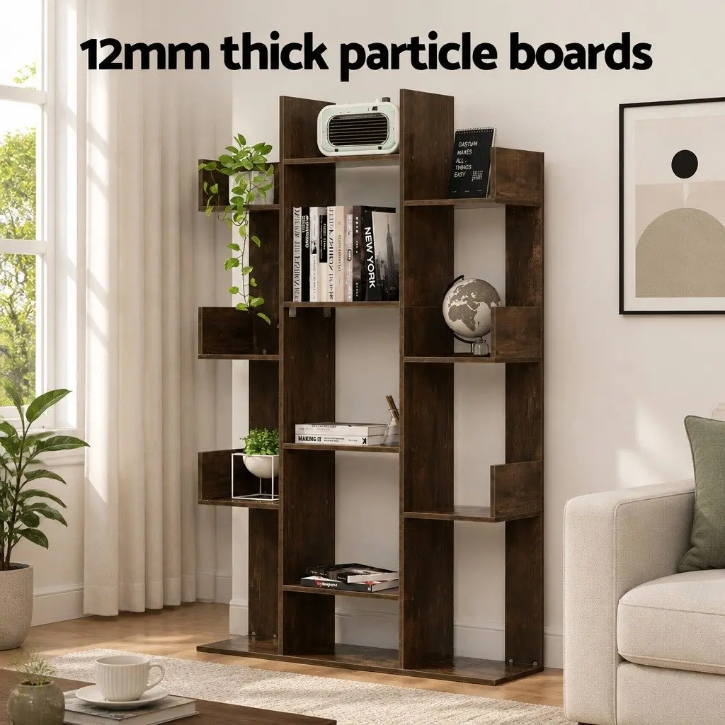 Tree-Shaped Bookshelf Walnut 13-Shelf Display Bookcase Storage Rack Home Office