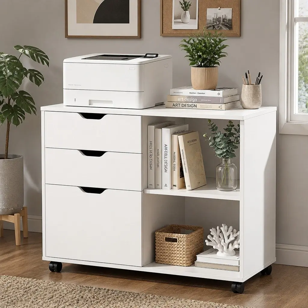 3 Drawer Mobile Filing Cabinet White Printer Stand Home Office Storage Wheels