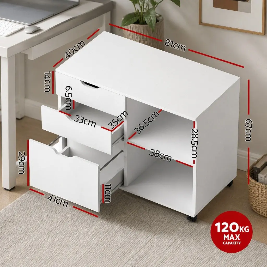 3 Drawer Mobile Filing Cabinet White Printer Stand Home Office Storage Wheels
