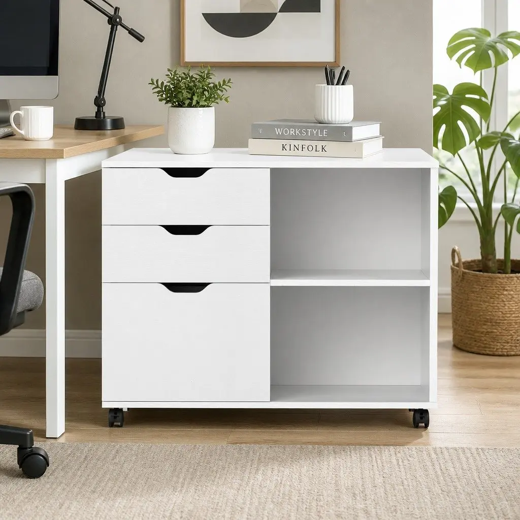 3 Drawer Mobile Filing Cabinet White Printer Stand Home Office Storage Wheels