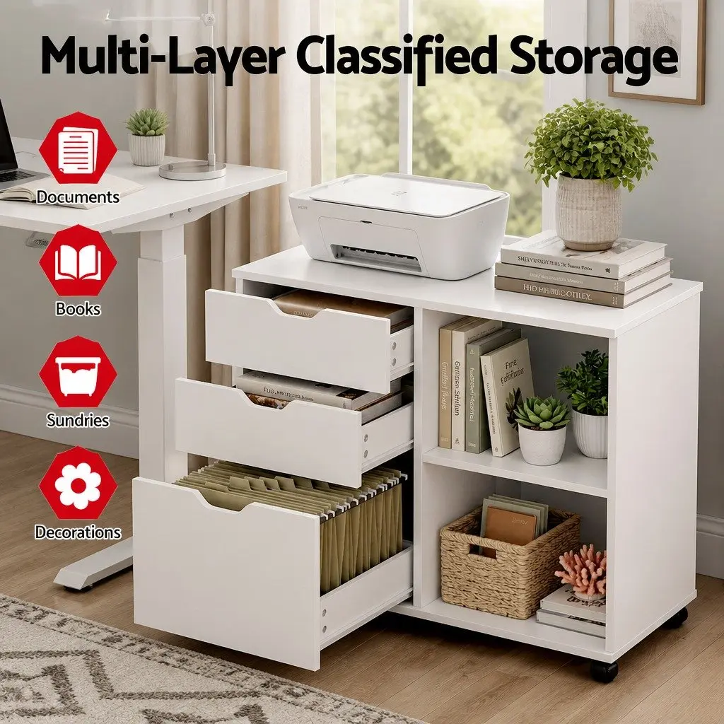 3 Drawer Mobile Filing Cabinet White Printer Stand Home Office Storage Wheels