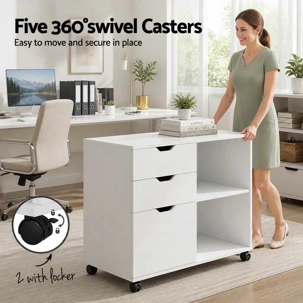 3 Drawer Mobile Filing Cabinet White Printer Stand Home Office Storage Wheels