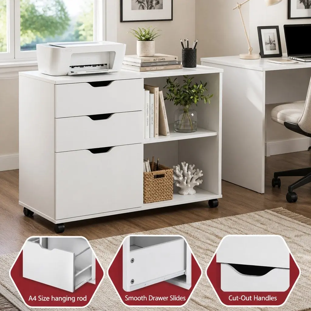 3 Drawer Mobile Filing Cabinet White Printer Stand Home Office Storage Wheels
