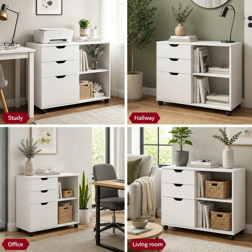 3 Drawer Mobile Filing Cabinet White Printer Stand Home Office Storage Wheels