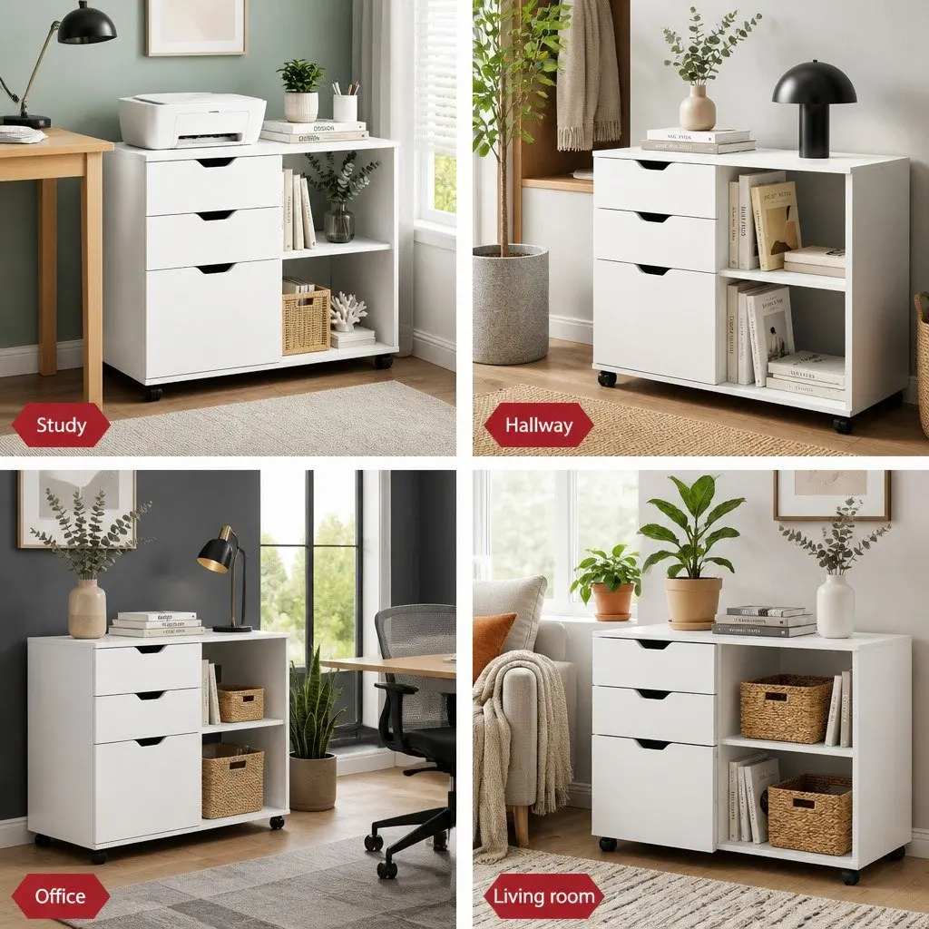 3 Drawer Mobile Filing Cabinet White Printer Stand Home Office Storage Wheels