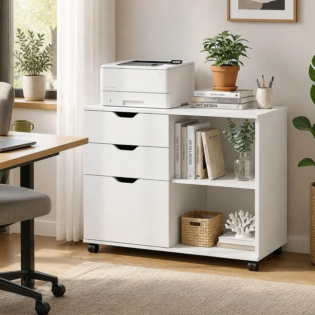3 Drawer Mobile Filing Cabinet White Printer Stand Home Office Storage Wheels
