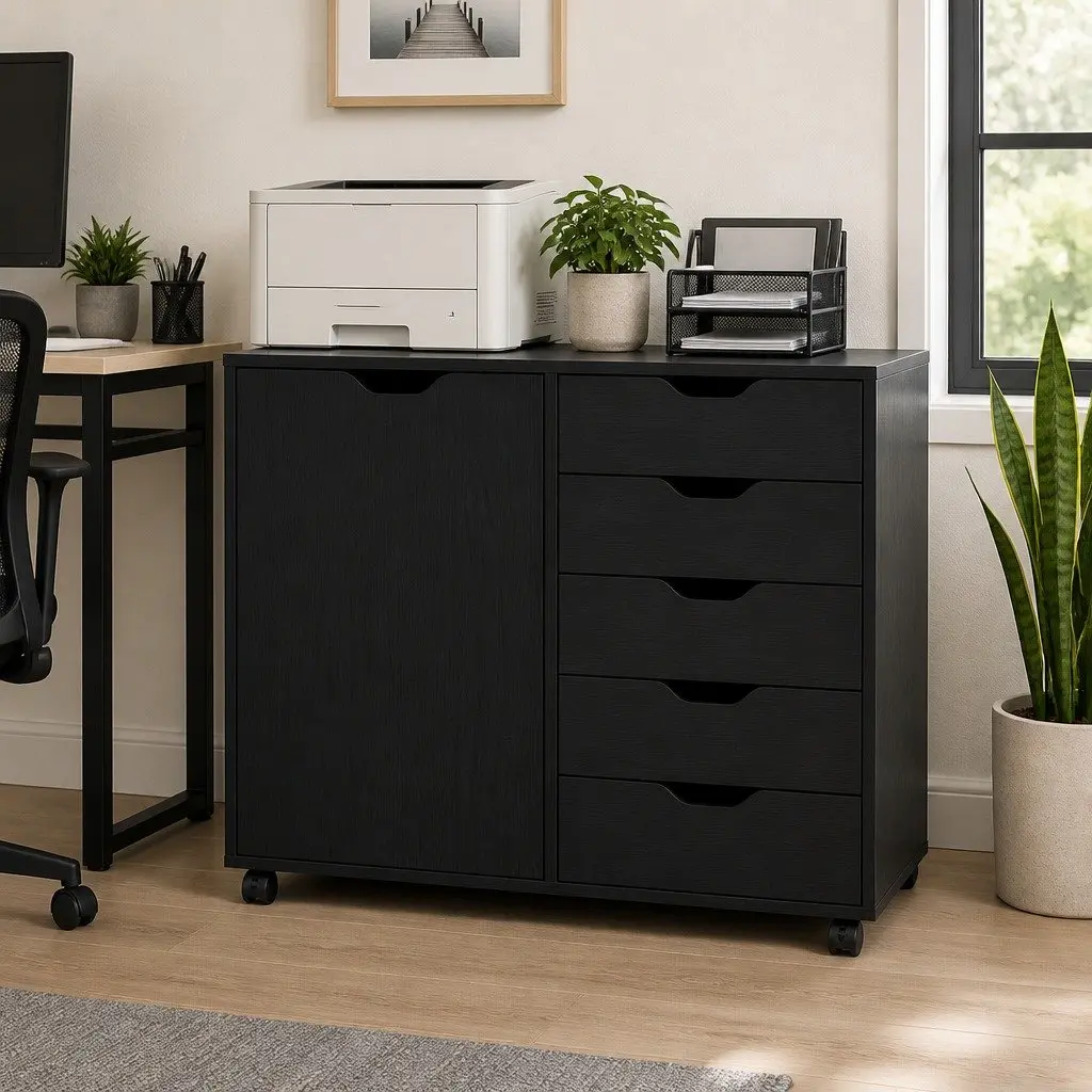 Mobile Filing Cabinet Black 5 Drawer Storage Unit Particle Board Iron