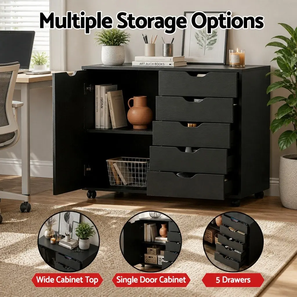 Mobile Filing Cabinet Black 5 Drawer Storage Unit Particle Board Iron