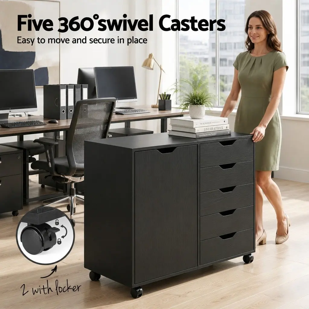 Mobile Filing Cabinet Black 5 Drawer Storage Unit Particle Board Iron