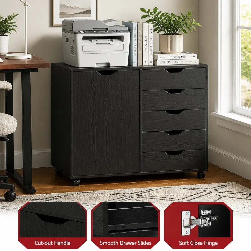 Mobile Filing Cabinet Black 5 Drawer Storage Unit Particle Board Iron