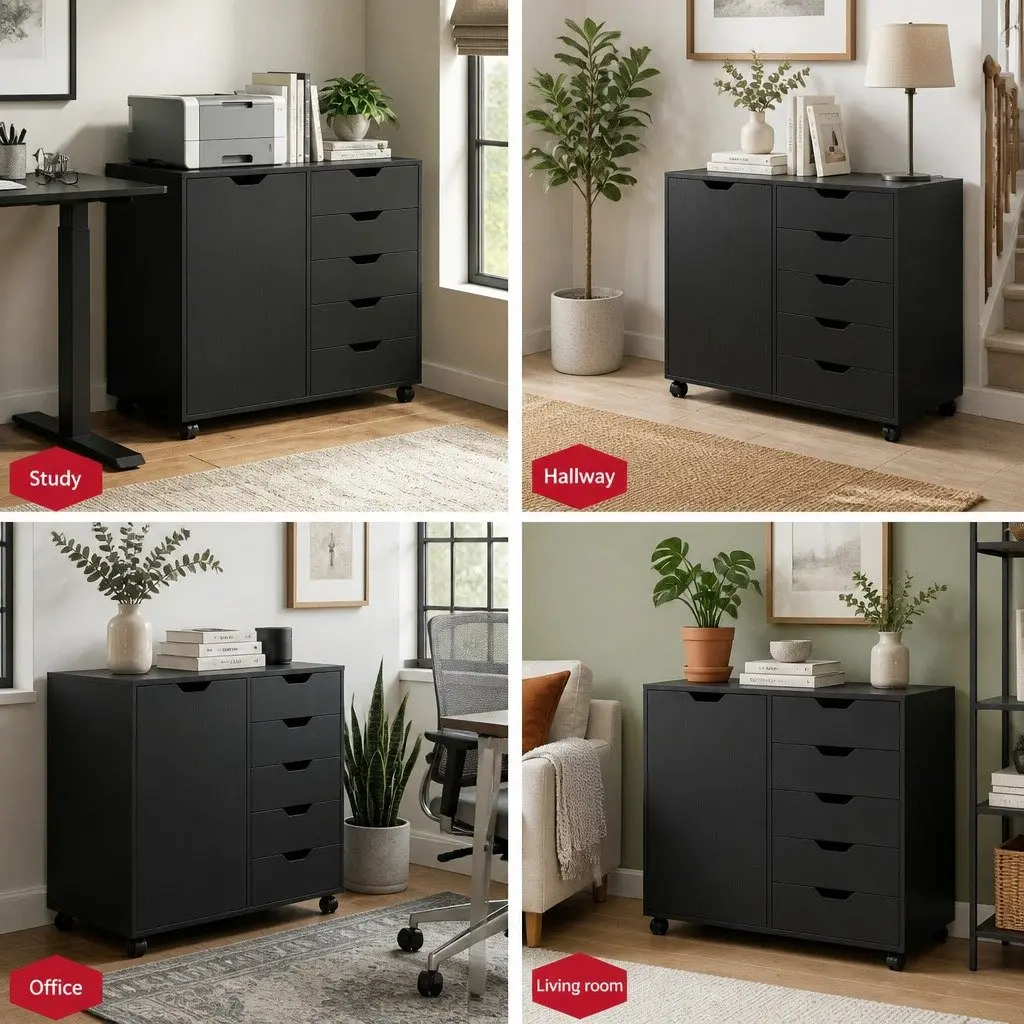 Mobile Filing Cabinet Black 5 Drawer Storage Unit Particle Board Iron