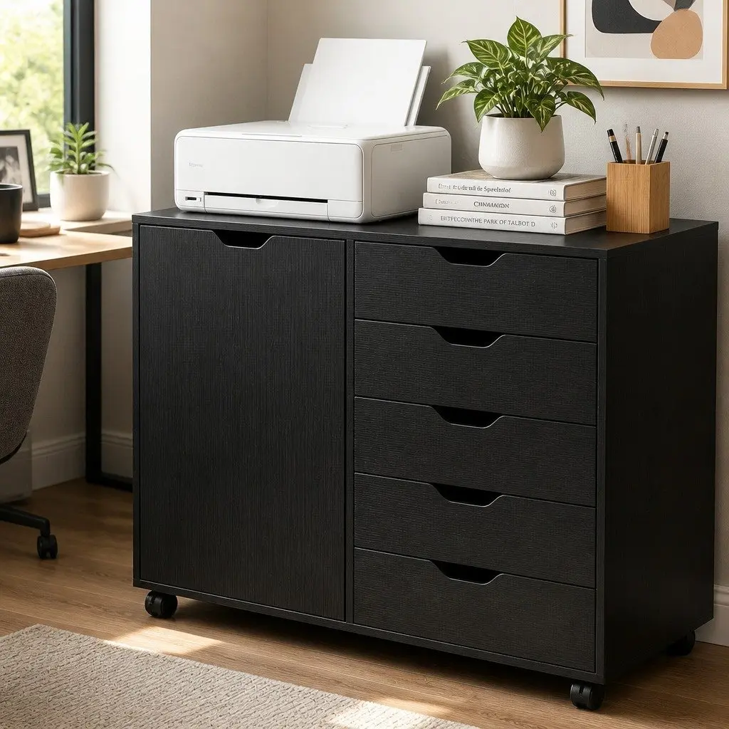 Mobile Filing Cabinet Black 5 Drawer Storage Unit Particle Board Iron