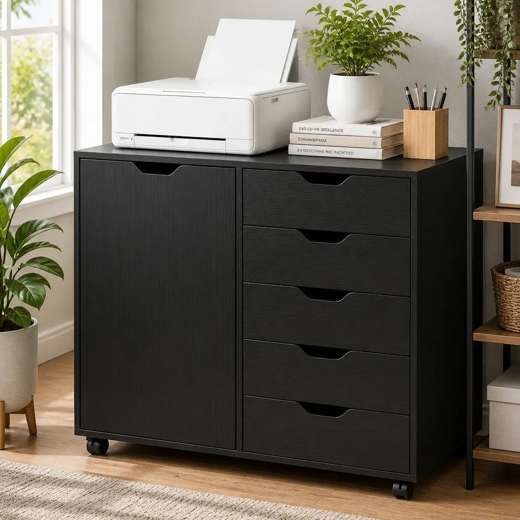 Mobile Filing Cabinet Black 5 Drawer Storage Unit Particle Board Iron