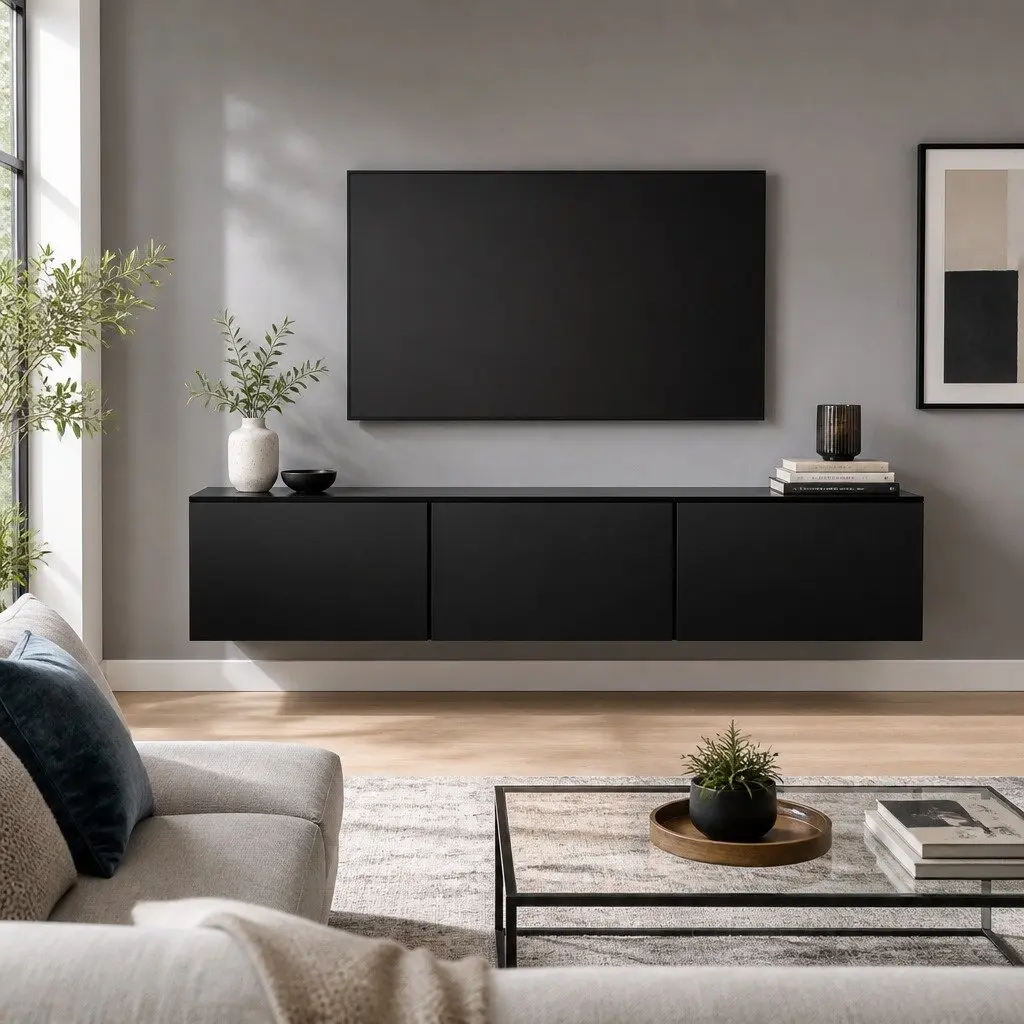 Floating Black TV Entertainment Unit with 3 Cabinets