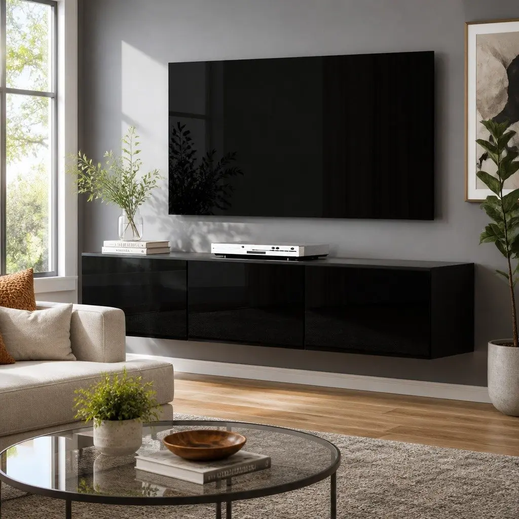 Floating Black TV Entertainment Unit with 3 Cabinets