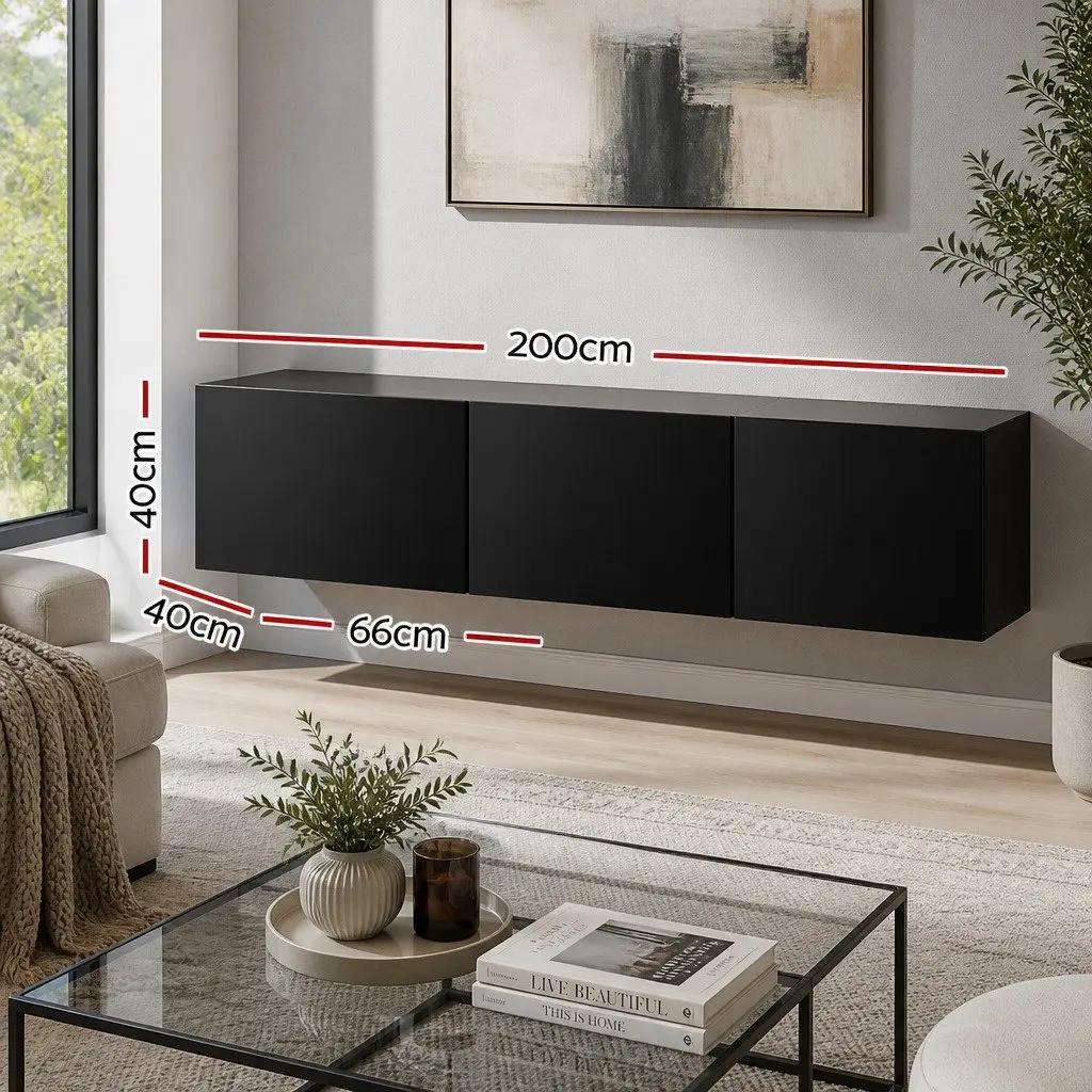 Floating Black TV Entertainment Unit with 3 Cabinets