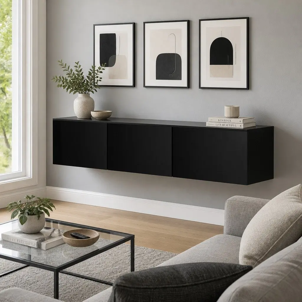 Floating Black TV Entertainment Unit with 3 Cabinets