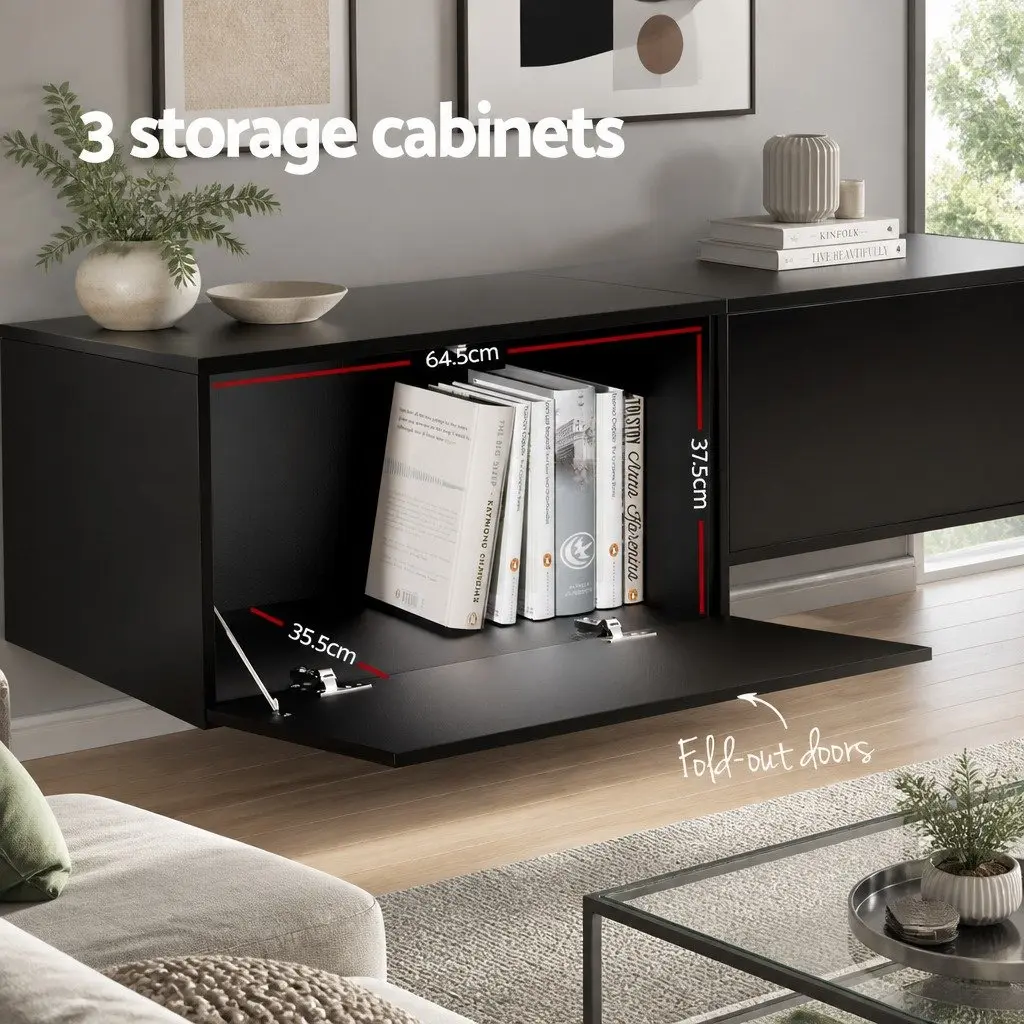 Floating Black TV Entertainment Unit with 3 Cabinets